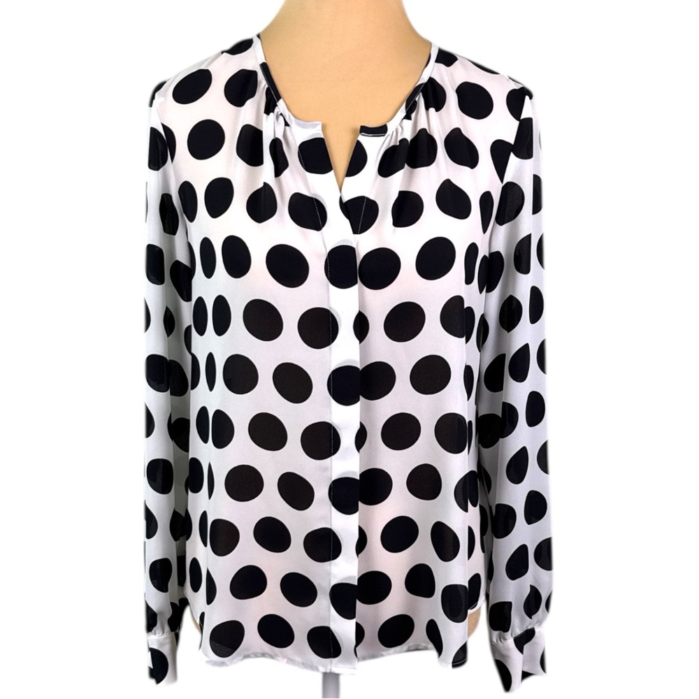 INC International Concepts Black White Polka Dot Sheer Blouse Long Sleeve Size 2